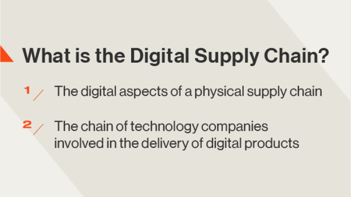 What is the Digital Supply Chain? 1. The digital aspects of a physical supply chain 2. The chain of technology companies involved in the delivery of digital products